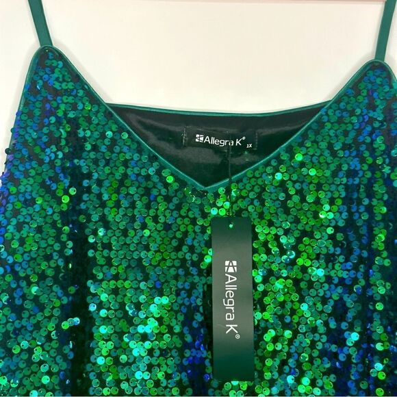 Allegra K Green and Blue Sequined Shining Adjustable Straps Sparkle Cami Top - Picture 9 of 9
